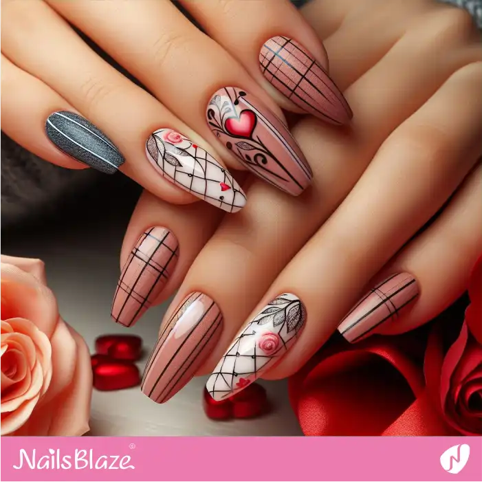 Grid and Striped Pattern Nails with Heart Design | Valentine Nails - NB2330